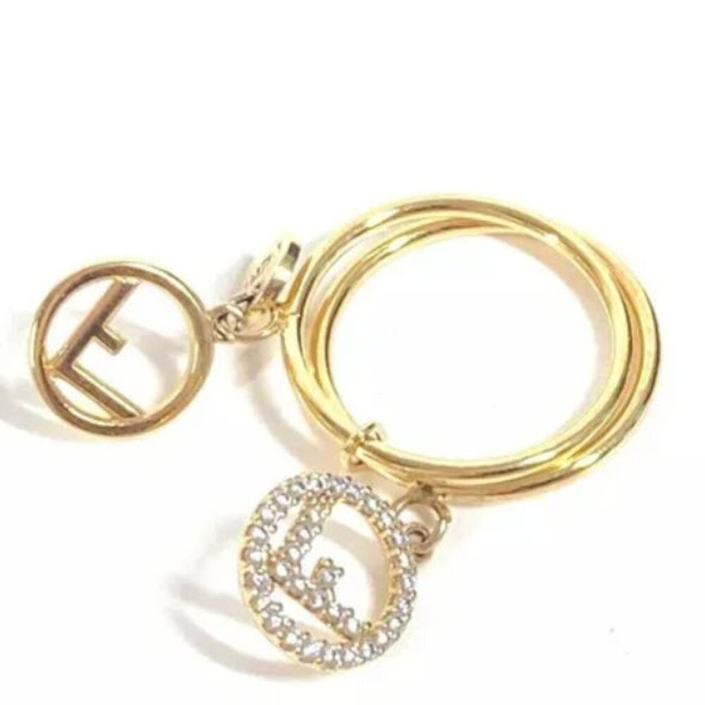 FENDI F's Rhinestone Logo Double ring Ring Metal Gold Size 6